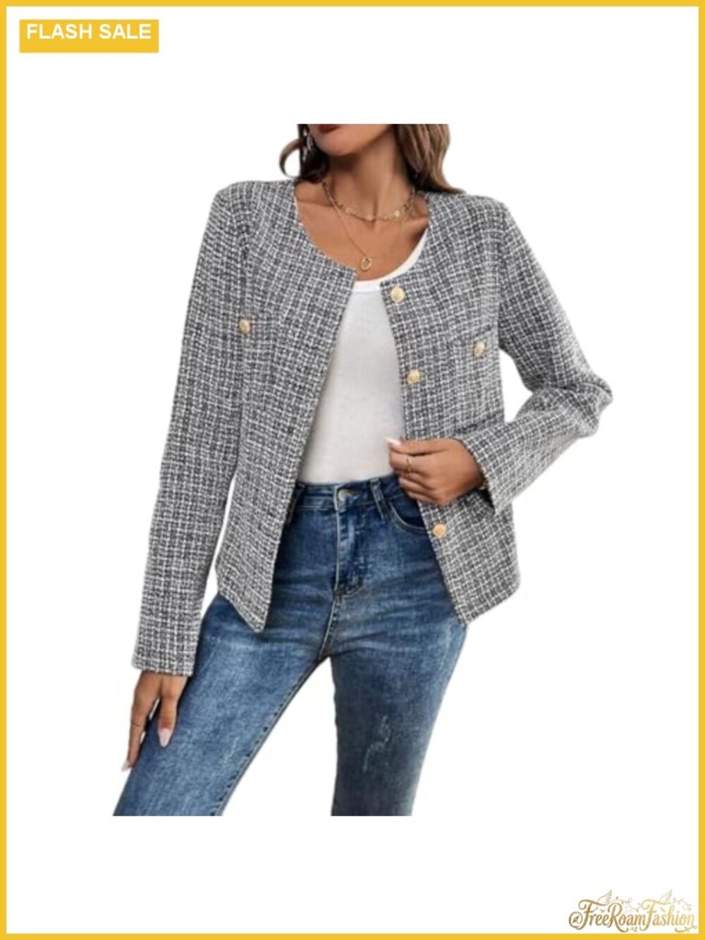 Women's Tweed Blazer Long Sleeve Round Neck Business Casual Coat